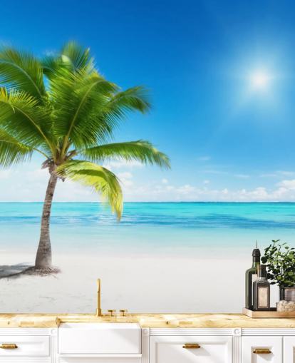 blå og hvid brugerdefineret strand tapet vægmaleri kaldet Palm and Sea til hjemmet eller kontoret blå og hvid brugerdefineret strand tapet vægmaleri kaldet Palm and Sea til hjemmet eller kontoret
