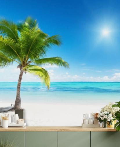 papier peint de plage personnalisé bleu et blanc appelé Palm and Sea pour la maison ou le bureau papier peint de plage personnalisé bleu et blanc appelé Palm and Sea pour la maison ou le bureau