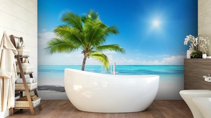 papier peint de plage personnalisé bleu et blanc appelé Palm and Sea pour la maison ou le bureau 