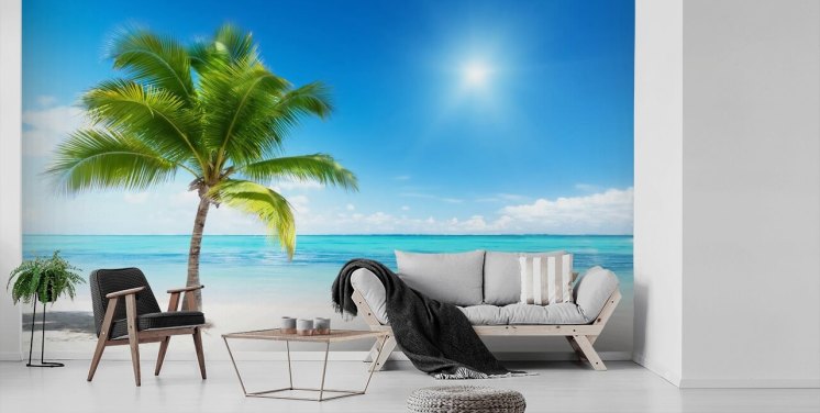 blått og hvitt tilpasset strandtapet veggmaleri kalt Palm and Sea for hjem eller kontor 
