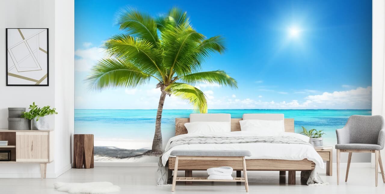 blue and white custom beach wallpaper mural called Palm and Sea for home or office blue and white custom beach wallpaper mural called Palm and Sea for home or office