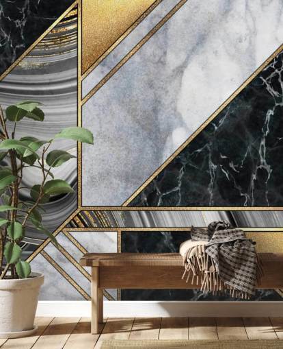 wit en zwart marmer met goudkleurig geometrisch art deco-behang wit en zwart marmer met goudkleurig geometrisch art deco-behang