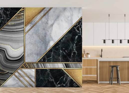 white and black marble with gold geometric art deco wallpaper