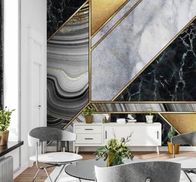 hvid og sort marmor med guld geometrisk art deco tapet