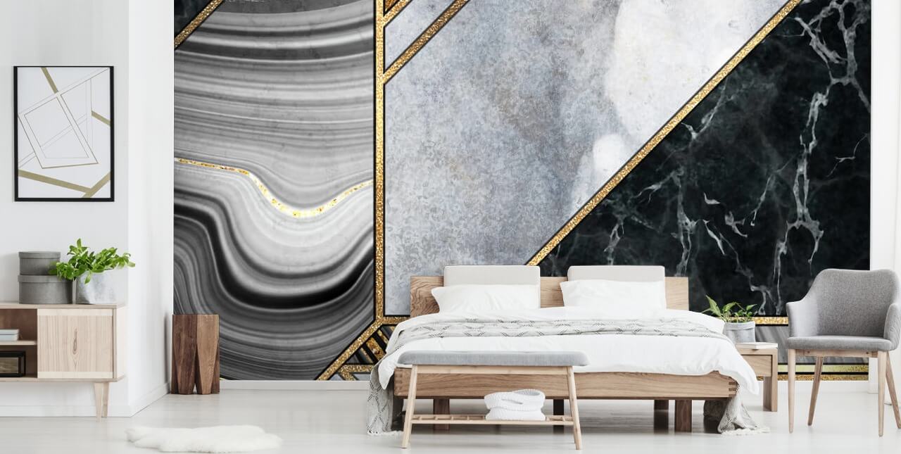 white and black marble with gold geometric art deco wallpaper
