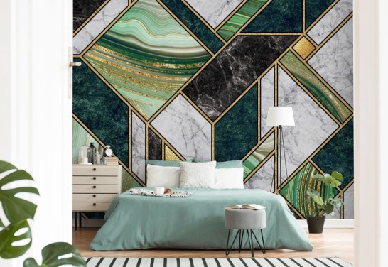 art deco vihreä ja harmaa marmori ja kulta geometrinen tapetti