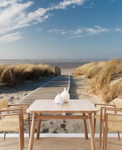 blått og gull tilpassbart strandtapet veggmaleri kalt WindBeach Boardwalk for spisestuer eller kjøkken blått og gull tilpassbart strandtapet veggmaleri kalt WindBeach Boardwalk for spisestuer eller kjøkken