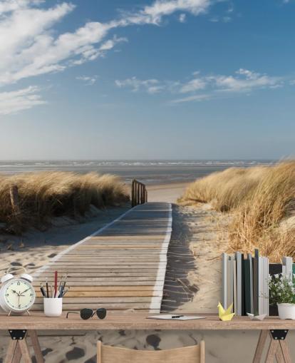 blue and gold customisable beach wallpaper mural called Windswept Beach Boardwalk for dining rooms or kitchens blue and gold customisable beach wallpaper mural called Windswept Beach Boardwalk for dining rooms or kitchens