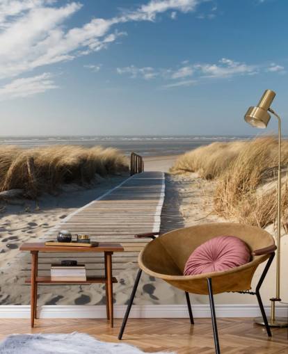 blå og guld tilpasselig strandtapet vægmaleri kaldet WindBeach Boardwalk til spisestuer eller køkkener blå og guld tilpasselig strandtapet vægmaleri kaldet WindBeach Boardwalk til spisestuer eller køkkener