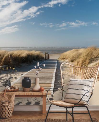 blå och guld anpassningsbar strandtapetväggmålning kallad WindBeach Boardwalk för matsalar eller kök blå och guld anpassningsbar strandtapetväggmålning kallad WindBeach Boardwalk för matsalar eller kök