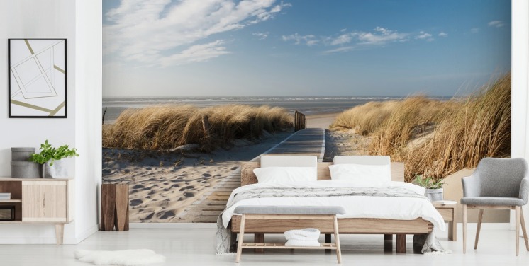 sininen ja kultainen muokattava rantatapetti seinämaalaus nimeltä WindBeach Boardwalk ruokasaleihin tai keittiöihin