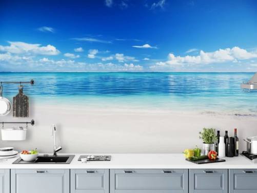 papier peint de plage personnalisable bleu et or appelé Sea and Sand pour bureau ou chambre
