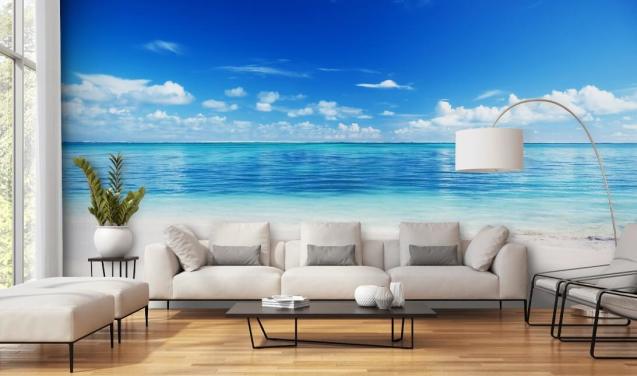 blauw en goud aanpasbaar strandbehang genaamd Sea and Sand voor kantoor of slaapkamer