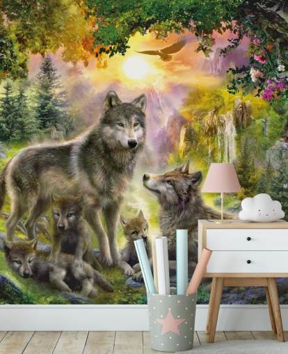 illustrated wolf pack in sunset scenery wallpaper illustrated wolf pack in sunset scenery wallpaper