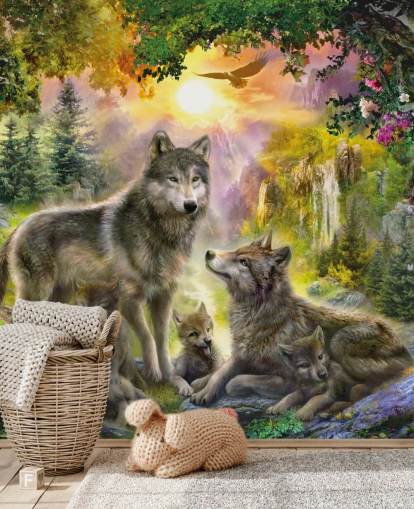 illustrated wolf pack in sunset scenery wallpaper illustrated wolf pack in sunset scenery wallpaper