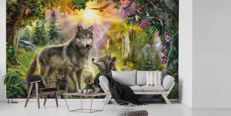 pacote de lobo ilustrado no cenário do pôr do sol