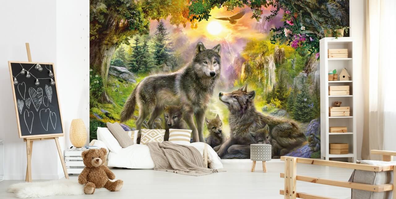 kuvitettu susi pack auringonlaskun maisema tapetti kuvitettu susi pack auringonlaskun maisema tapetti