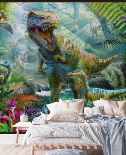 t-rex and other animals in exotic forest wallpaper t-rex and other animals in exotic forest wallpaper