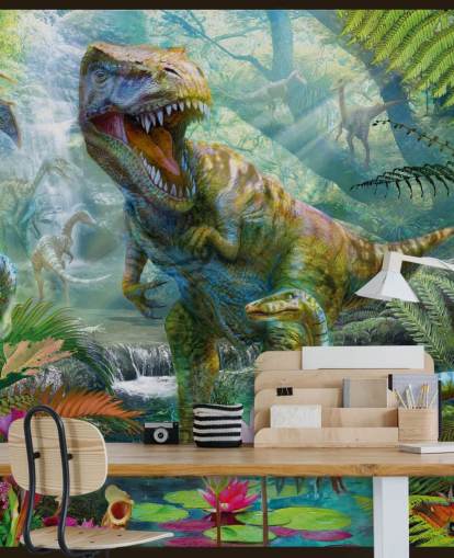 t-rex and other animals in exotic forest wallpaper t-rex and other animals in exotic forest wallpaper