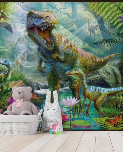 t-rex och andra djur i exotiska skogen tapeter t-rex och andra djur i exotiska skogen tapeter