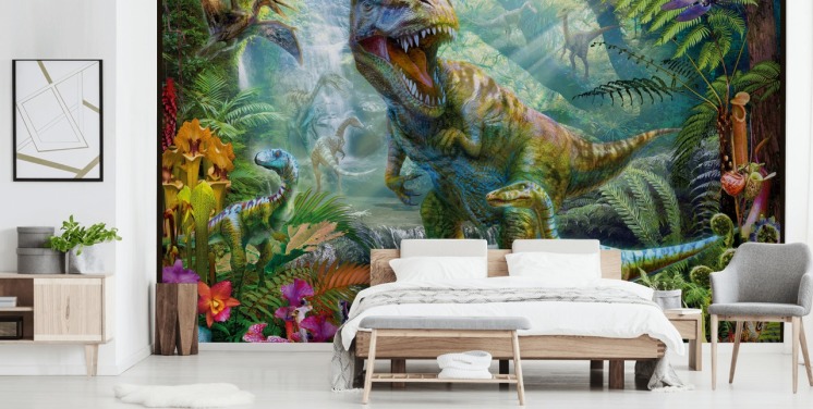 papier peint t-rex et autres animaux dans la forêt exotique