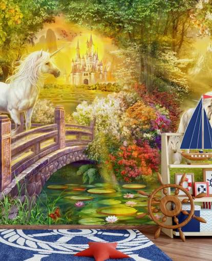 illustrated unicorns by a bridge in a magical forest wallpaper illustrated unicorns by a bridge in a magical forest wallpaper