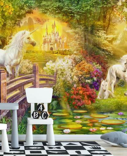 illustrated unicorns by a bridge in a magical forest wallpaper illustrated unicorns by a bridge in a magical forest wallpaper