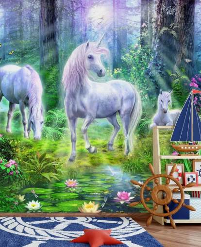 papel pintado de tres unicornios blancos brillantes en el bosque papel pintado de tres unicornios blancos brillantes en el bosque