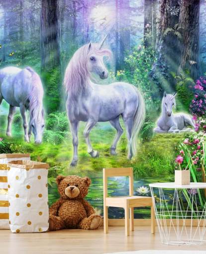 three glowing white unicorns in forest wallpaper three glowing white unicorns in forest wallpaper