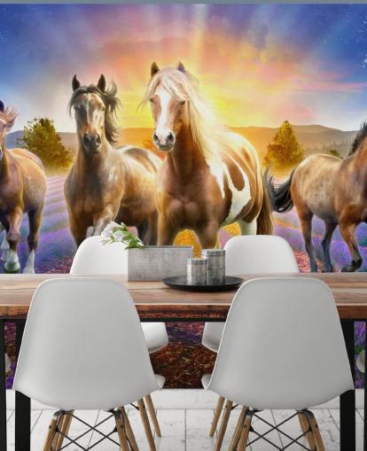 brown horses walking in lavender field wallpaper brown horses walking in lavender field wallpaper