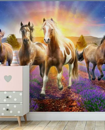 brown horses walking in lavender field wallpaper brown horses walking in lavender field wallpaper