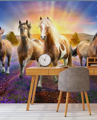 caballos marrones caminando en fondo de pantalla de campo lavanda caballos marrones caminando en fondo de pantalla de campo lavanda