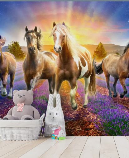 bruna hästar går i lavendel fält tapeter bruna hästar går i lavendel fält tapeter