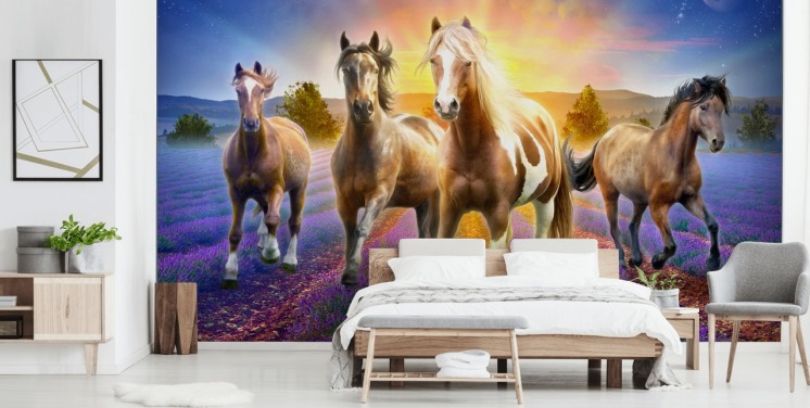 brown horses walking in lavender field wallpaper