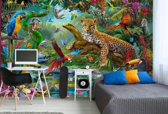 jungle animal wallpaper mural called Leopard In Jungle by Jan Patrik Krasny for kids bedrooms