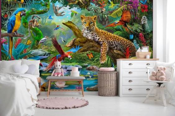 jungel dyretapet veggmaleri kalt Leopard In Jungle av Jan Patrik Krasny for barnas soverom