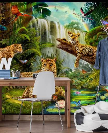 leopards lounging in a tropical jungle illustration wallpaper leopards lounging in a tropical jungle illustration wallpaper