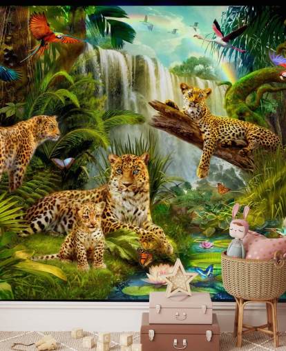 leopards lounging in a tropical jungle illustration wallpaper leopards lounging in a tropical jungle illustration wallpaper