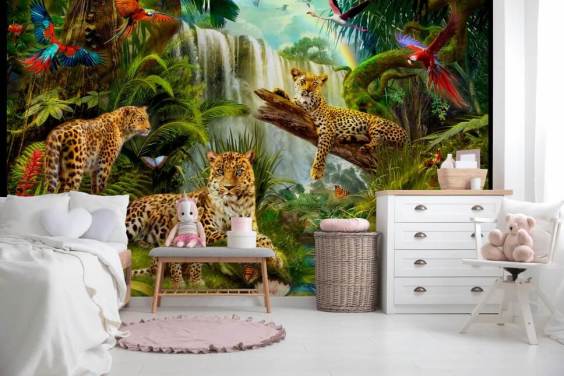 leopards lounging in a tropical jungle illustration wallpaper