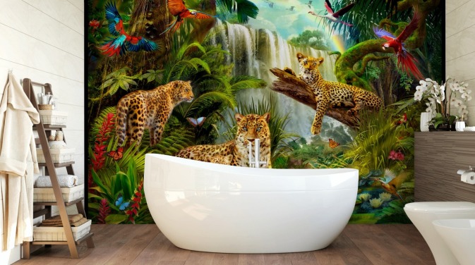 leopardos descansando em um papel de parede de ilustração de selva tropical