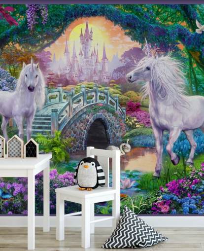 two glowing white unicorns in enchanting colourful garden wallpaper two glowing white unicorns in enchanting colourful garden wallpaper