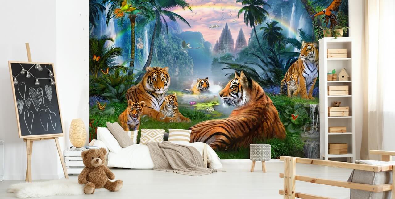 tijgers luieren in een jungle behang