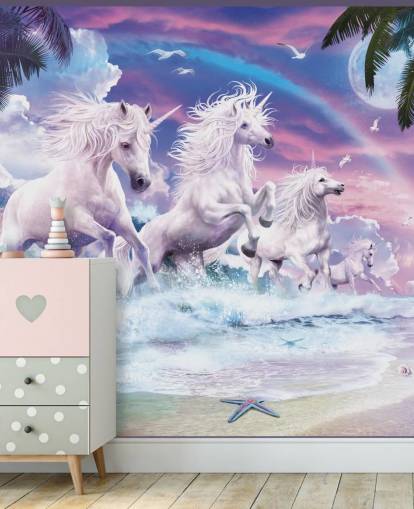 unicorns running from sea in pastel beach setting wallpaper unicorns running from sea in pastel beach setting wallpaper