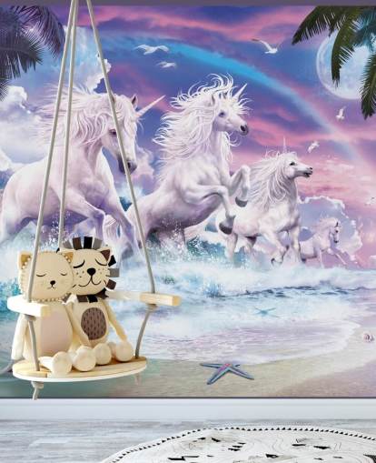 unicorns running from sea in pastel beach setting wallpaper unicorns running from sea in pastel beach setting wallpaper