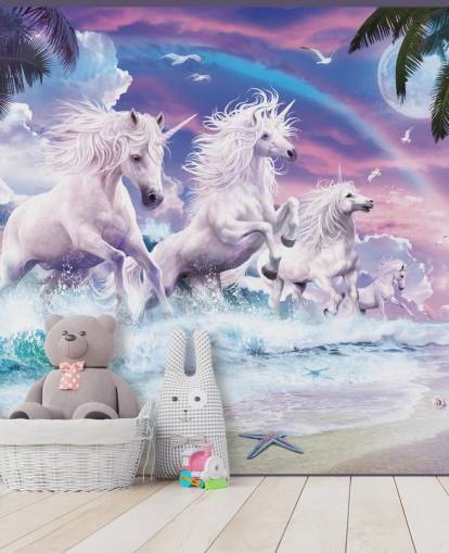 unicorns running from sea in pastel beach setting wallpaper unicorns running from sea in pastel beach setting wallpaper
