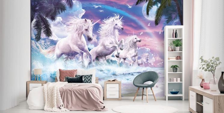 unicorns running from sea in pastel beach setting wallpaper