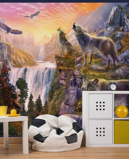 illustrated wolves on cliff edge wallpaper illustrated wolves on cliff edge wallpaper