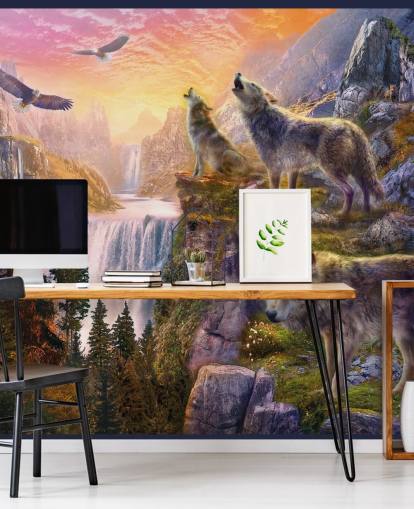 illustrated wolves on cliff edge wallpaper illustrated wolves on cliff edge wallpaper