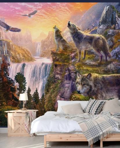 illustrated wolves on cliff edge wallpaper illustrated wolves on cliff edge wallpaper