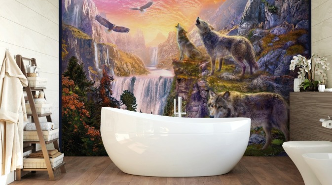 illustrated wolves on cliff edge wallpaper